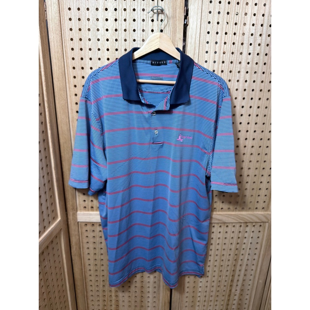 Divots Men XL Golf Polo Shirt Blue Pink Striped Fripp Island Performance Stretch